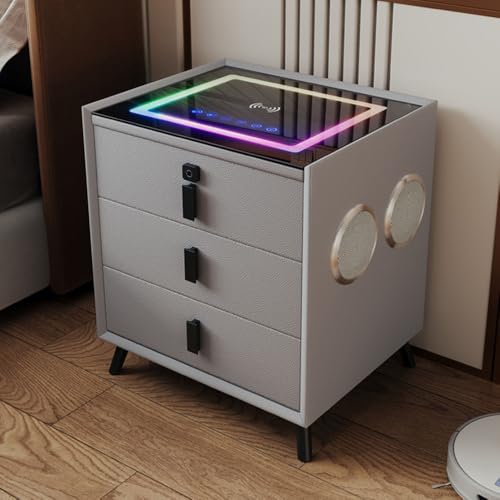 Smart-Nachttisch mit Lautsprecher, 7-farbige LED-Nachttisch mit Ladestation, moderner Nachttisch, Holz-Nachttisch, Smart-Tisch (Hellgrau, Einheitsgröße) von CraftNestUK
