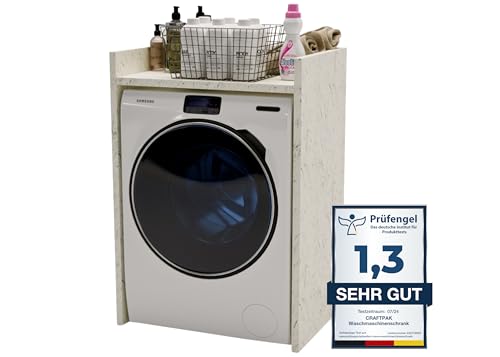 CraftPAK Waschmaschinenschrank geeignet für Waschmaschine & Wäschetrockner, Waschmaschinenschrank Überbauschrank, Badezimmermöbel Größe 66x97x48 cm Farbe Marmur-Weiß von CraftPAK