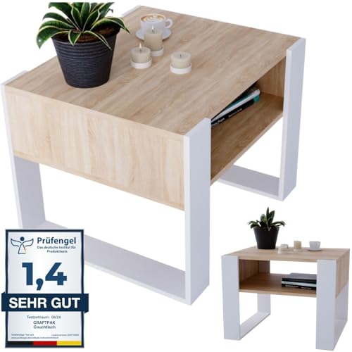 CraftPAK Wohnzimmer Tisch für Couch aus hochwertigem Holz, Stabiler & moderner Couchtisch mit zusätzlicher Ablagefläche, Farbe Bardolino-Weiß von CraftPAK