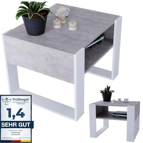 CraftPAK Wohnzimmer Tisch für Couch aus hochwertigem Holz, Stabiler & moderner Couchtisch mit zusätzlicher Ablagefläche, Farbe Beton-Weiß von CraftPAK