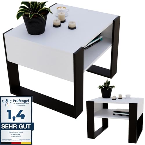 CraftPAK Wohnzimmer Tisch für Couch aus hochwertigem Holz, Stabiler & moderner Couchtisch mit zusätzlicher Ablagefläche, Farbe Beton Weiß-Schwarz von CraftPAK