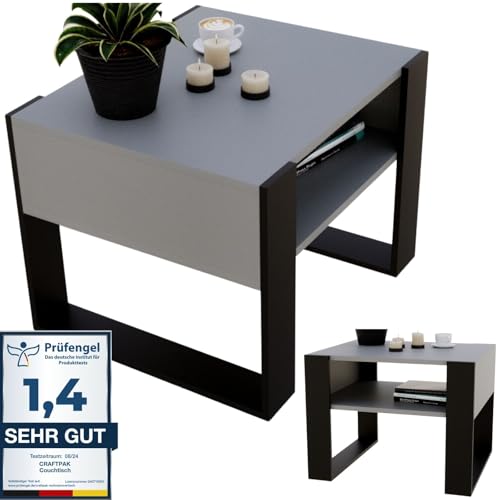 CraftPAK Wohnzimmer Tisch für Couch aus hochwertigem Holz, Stabiler & moderner Couchtisch mit zusätzlicher Ablagefläche, Farbe Grau-Schwarz von CraftPAK