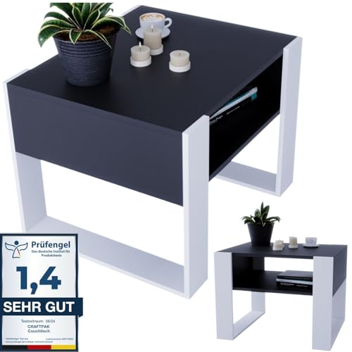 CraftPAK Wohnzimmer Tisch für Couch aus hochwertigem Holz, Stabiler & moderner Couchtisch mit zusätzlicher Ablagefläche, Farbe Schwarz-Weiß von CraftPAK