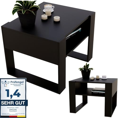 CraftPAK Wohnzimmer Tisch für Couch aus hochwertigem Holz, Stabiler & moderner Couchtisch mit zusätzlicher Ablagefläche, Farbe Schwarz von CraftPAK