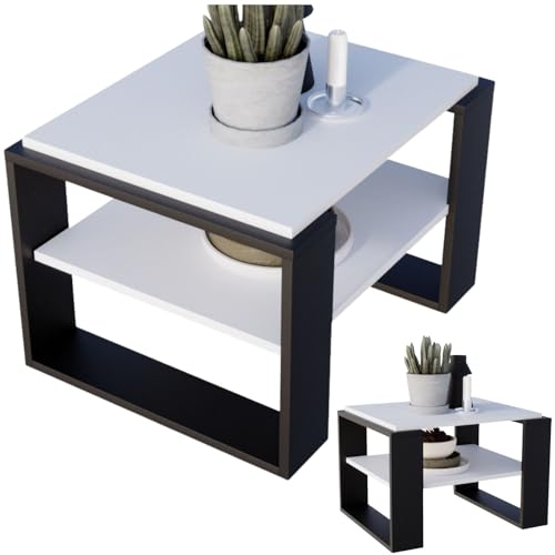 CraftPAK Wohnzimmer Tisch für Couch aus hochwertigem Holzwerkstoff, Stabiler & moderner Couchtisch mit zusätzlicher Ablagefläche, Model Kaja 63, Farbe Beton Weiß-Schwarz von CraftPAK