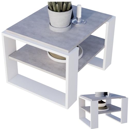 CraftPAK Wohnzimmer Tisch für Couch aus hochwertigem Holzwerkstoff, Stabiler & moderner Couchtisch mit zusätzlicher Ablagefläche, Model Kaja 63, Farbe Beton-Weiß von CraftPAK