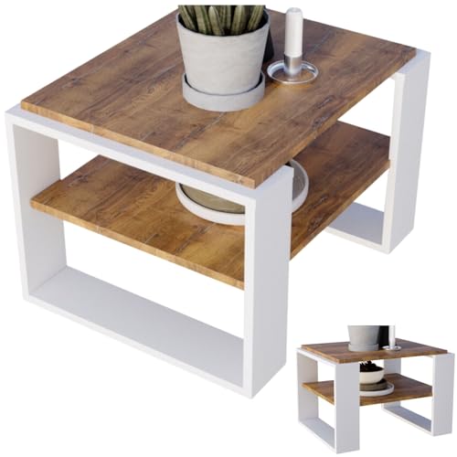 CraftPAK Wohnzimmer Tisch für Couch aus hochwertigem Holzwerkstoff, Stabiler & moderner Couchtisch mit zusätzlicher Ablagefläche, Model Kaja 63, Farbe Retro-Weiß von CraftPAK