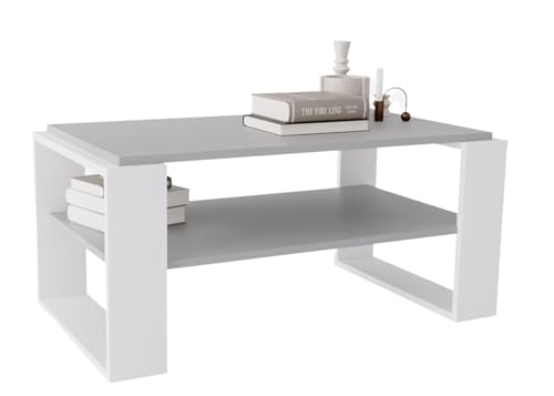 CraftPAK Wohnzimmer Tisch für Couch aus hochwertigem Holz, Stabiler & moderner Couchtisch mit zusätzlicher Ablagefläche, Model Kaja 96, Farbe Grau-Weiß von CraftPAK