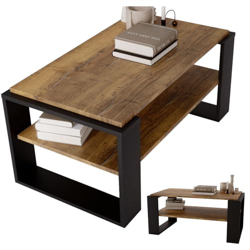 CraftPAK Wohnzimmer Tisch für Couch aus hochwertigem Holz, Stabiler & moderner Couchtisch mit zusätzlicher Ablagefläche, Model Kaja 96, Farbe Retro-Schwarz von CraftPAK