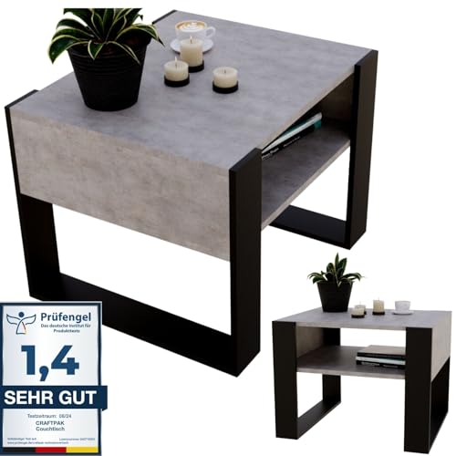 CraftPAK Wohnzimmer Tisch für Couch aus hochwertigem Holz, Stabiler & moderner Couchtisch mit zusätzlicher Ablagefläche Farbe, Beton Schwarz von CraftPAK