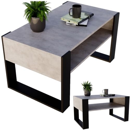 CraftPAK Wohnzimmer Tisch für Couch aus hochwertigem Holzwerkstoff, moderner Couchtisch mit zusätzlicher Ablagefläche, Sofatisch für Wohnzimmer, Farbe Beton Schwarz von CraftPAK