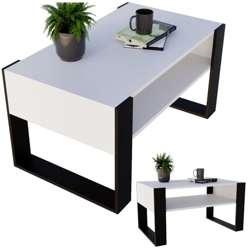 CraftPAK Wohnzimmer Tisch für Couch aus hochwertigem Holzwerkstoff, moderner Couchtisch mit zusätzlicher Ablagefläche, Sofatisch für Wohnzimmer, Farbe Beton Weiß-Schwarz von CraftPAK