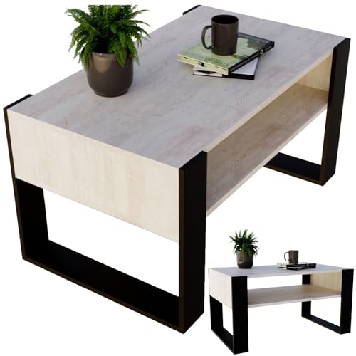 CraftPAK Wohnzimmer Tisch für Couch aus hochwertigem Holzwerkstoff, moderner Couchtisch mit zusätzlicher Ablagefläche, Sofatisch für Wohnzimmer, Farbe Kiefer-Schwarz von CraftPAK