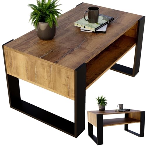 CraftPAK Wohnzimmer Tisch für Couch aus hochwertigem Holzwerkstoff, moderner Couchtisch mit zusätzlicher Ablagefläche, Sofatisch für Wohnzimmer, Farbe Retro-Schwarz von CraftPAK