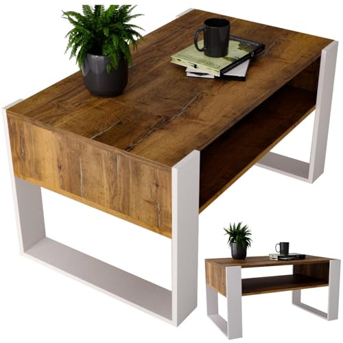 CraftPAK Wohnzimmer Tisch für Couch aus hochwertigem Holzwerkstoff, moderner Couchtisch mit zusätzlicher Ablagefläche, Sofatisch für Wohnzimmer, Farbe Retro-Weiß von CraftPAK