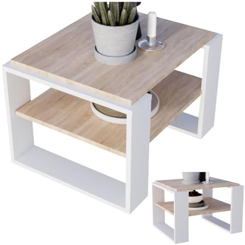 CraftPAK Wohnzimmer Tisch für Couch aus hochwertigem Holzwerkstoff, Stabiler & moderner Couchtisch mit zusätzlicher Ablagefläche, Model Kaja 63, Farbe Bardolino-Weiß von CraftPAK