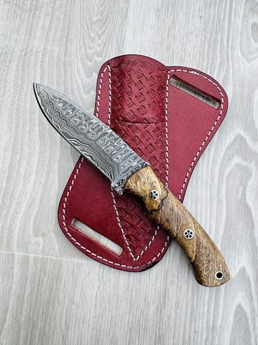 CraftTal Damast-Jagdmesser Tachenmesser handgefertigt 150 Echtes damast Stahl lagen und Silberbeerenholz– Schmiedegefertigtes Campingmesser – Taktisches Messer, mit speziell entworfene Lederscheide von CraftTal