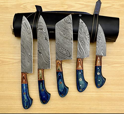 CraftTal Handgefertigtes Damast-Kochmesser-Set, 5-teilig, komplettes Küchenmesser-Set, Hackmesser, Messer-Set, Jubiläum, Weihnachten, Geburtstag, Geschenkartikel (Stamina Holz Blau) von CraftTal