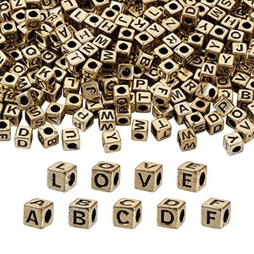 Craftdady 1000 Stück goldene Acryl-Würfel-Buchstaben-Perlen, schwarze Initialen-Alphabet, großes Loch, europäische Perlen für DIY-Freundschaftsarmbänder, Schmuckherstellung, Loch: 3,8 mm von Craftdady