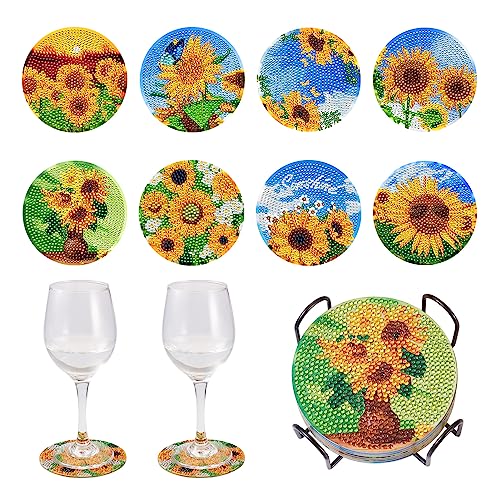 Craftdady Diamant-Malerei-Untersetzer, Gänseblümchen, Sonnenblume, 5D-Diamant-Tassen-Matte, Kunst-Kits mit Metall-Untersetzer-Halter für Anfänger, DIY-Untersetzer, 8 Stück von Craftdady