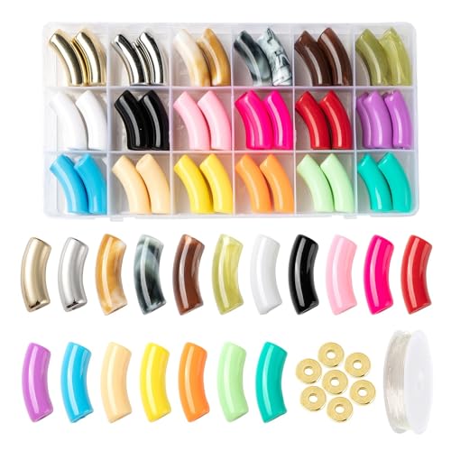 Craftdady 92pcs Chunky Curved Tube Beads Stretch Bracelet Making Kit Acrylic Beads Golden Flat Round Spacers Elastic Cord for Jewelry Making von Craftdady