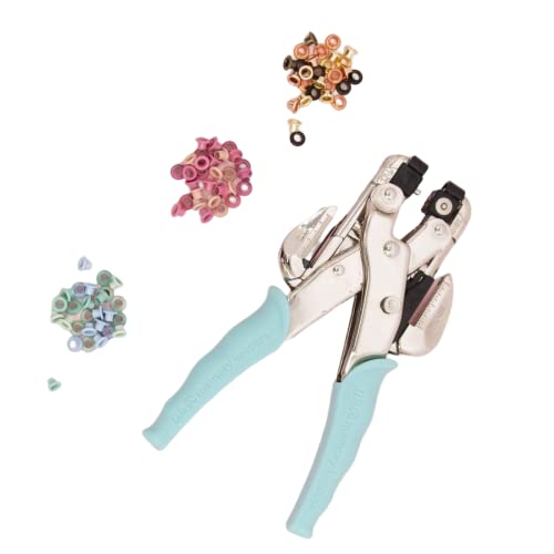 Craftelier + We R Memory Keepers - Set für Scrapbooking- und BastelProjekte mit türkisFarbenem Crop A Dile Werkzeug und 180 farblich sortierten Ösen mit einem Außendurchmesser von 8 mm von Craftelier