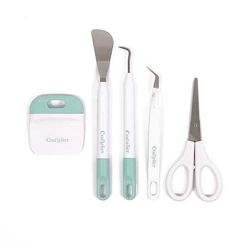 Craftelier - Set mit 5 GrundWerkzeugen für verschiedene Scrapbooking- und BastelMaterialien wie Vinyl und Papier | Schere, Spatel, Haken, Schaber und Pinzette | Farbe Weiß und Türkis Craftelier - Set mit 5 GrundWerkzeugen für verschiedene Scrapbooking- und BastelMaterialien wie Vinyl und Papier | Schere, Spatel, Haken, Schaber und Pinzette | Farbe Weiß und Türkis von Craftelier
