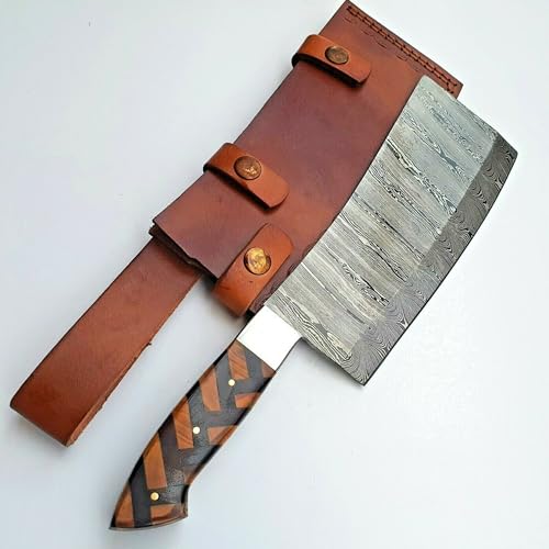 Craftomatik Damast Stahl Hackmesser | Chef Hackbeil Küchenbeil | Metzger Fleischerbeil | Olivenholz Pakkaholz Griff| KC03 von Craftomatik