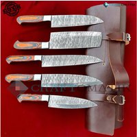 Küchenmesser Chef Set Mit Ledermesserrolle | Damaszener Klinge Damast Stahl Kochmesser Camping Grill Besteck Geschenkset Dcs01 von Craftomatik