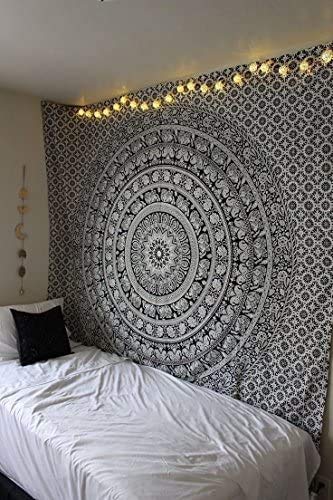 Craftozone Wandteppich/Tagesdecke im Hippie/Boho-Stil, indisches Mandala-Design mit Elefantenmotiv, Schwarz/Weiß, blau, Double (240x210cms) von Marubhumi