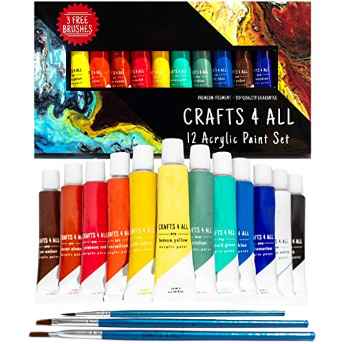 Crafts 4 ALL Acrylfarbe Set 12x12ml mit 3 Pinsel - Acrylic Paint für Papier, Leinwand, Handwerk, Holz, Keramik & Stoff. Nicht-toxisch Farben mit Lebendiger - Ideal für Anfänger, Studenten & Künstler von Crafts 4 ALL