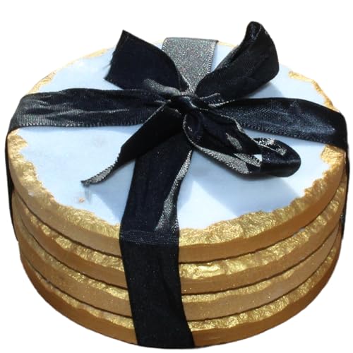 4er Set - Weiß und Gold Rand Marmor Stein Untersetzer Poliert Untersetzer - 3,5 Zoll (9 cm) im Durchmesser - Schutz vor Trinkringen - CraftsOfEgypt von CraftsOfEgypt