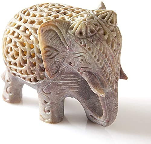 Speckstein-Figur mit Elefant im Bauch, 10,2 cm, handgefertigt in Jali oder durchbrochener Steinblock aus Indien (Speckstein-Elefant, 7,6 x 10,2 x 6,3 cm) von Craftslook