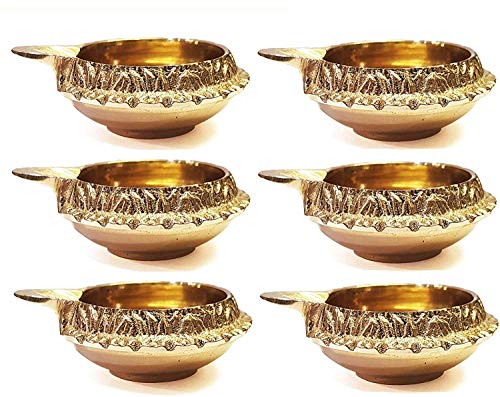 CRAFTSMAN Öllampe, 100 % reines Messing, Diwali Diya, Indischer Pooja, mit goldener Gravur, Durchmesser 6.4 cm Deepawali Diya / Teelichthalter / Diwali, traditionelle Öllampe, gold, 6PC von Craftsman