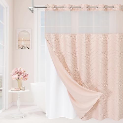 Craidlela Duschvorhang-Set ohne Haken, Boho-Stil, mit Snap-In-Futter, Bauernhaus-gewebter Stoff, getufteter Chevron-gestreift, strukturierter Duschvorhang, moderner Stil mit durchsichtigem Fenster von Craidlela