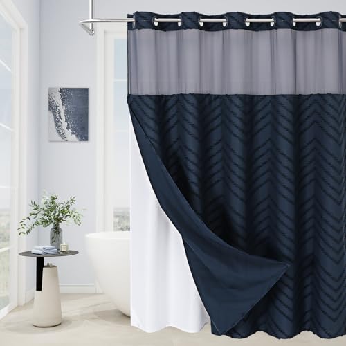Craidlela Duschvorhang-Set ohne Haken, Boho-Stil, mit Snap-In-Futter, Bauernhaus-gewebter Stoff, getufteter Chevron-gestreift, strukturierter Duschvorhang, moderner Stil mit durchsichtigem Fenster von Craidlela