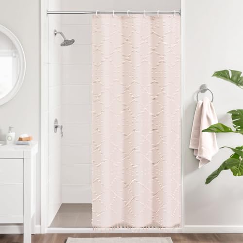 Craidlela Stall Hellrosa Boho gewebter Stoff Duschvorhang mit Quaste 91,4 x 183,9 cm rosa Bohemia getuftet Chevron gestreift schick strukturiert kleiner Vorhang für Badezimmer, moderner Bauernhaus von Craidlela