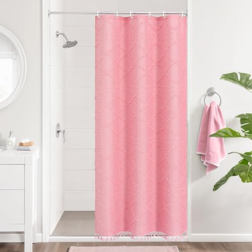 Craidlela Stall Rosa Boho gewebter Stoff Duschvorhang mit Quaste 91,4 x 183,9 cm Bohemia getuftet Chevron gestreift schick strukturiert wasserdichter Stoff kleiner Vorhang für Badezimmer, moderner von Craidlela