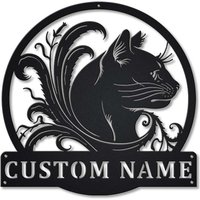 Personalisierte Schwarze Katze Floral Metallschild Kunst, Benutzerdefinierte Metallschild, Katzenname Zeichen, Haus Zeichen von CratifyCreations
