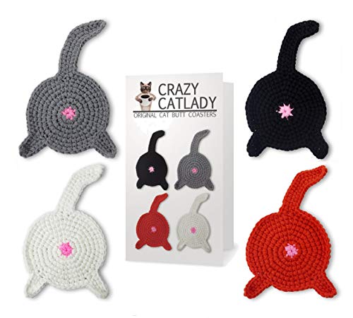Crazy Cat Lady Getränke-Untersetzer, Motiv: Cat Butt, gehäkelt, lustiges Katzengeschenk für Katzenliebhaber von Crazy Cat Lady