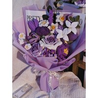 Gestrickter Mix-strauß, Tulpenlilien-Lavendel-strauß, Gehäkelter Lila Rosenstrauß, Gehäkelte Blume, Valentinstagsgeschenk, Geschenke Für Sie von Crazyfreez