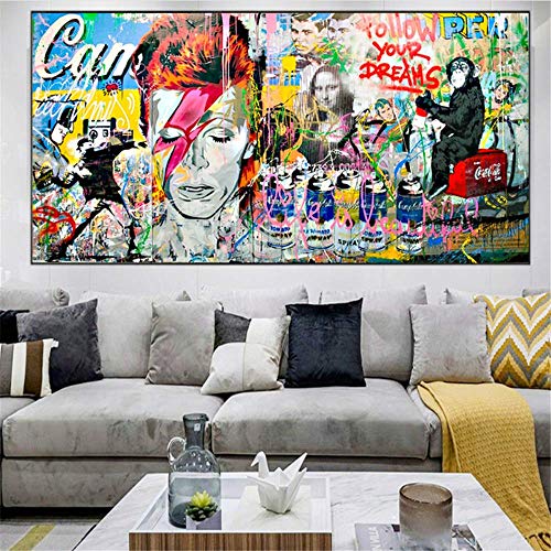 Crazystore Leinwand Kunst Wände Gemälde 70x140cm ohne Rahmen David Bowie und AFFE Graffiti Poster und Drucke Street Art Bild für Wohnzimmer Dekoration von Crazystore