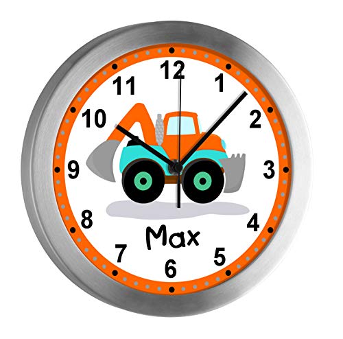 CreaDesign, Analoge Kinderzimmer Funkuhr mit (Wunsch) Name personalisiert, Kinder Wanduhr geräuscharm mit Aluminium-Rahmen, Motiv Bagger, WU-10-1084 von CreaDesign