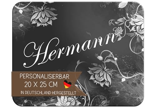 CreaDesign, Frühstücksbrettchen Kinder mit Namen personalisiert, Brettchen Kinder Kunststoff Blumen Schwarz, Antirutsch-Noppen, Größe 20 x 25 cm von CreaDesign