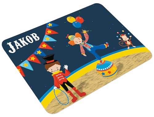 CreaDesign, Frühstücksbrettchen Kinder mit Namen personalisiert, Schneidebrett Kunststoff Motiv Circus, Antirutsch-Noppen, Größe 20 x 25 cm von CreaDesign