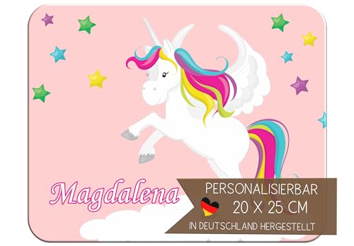 CreaDesign Personalisiertes Kinder Frühstücksbrett mit Namen, 20x25 cm, rutschfestes Schneidebrett aus Kunststoff, Einhorn Design, spülmaschinen & mikrowellengeeignet, Schneidbrett für Kinder von CreaDesign