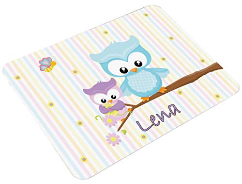 CreaDesign, Frühstücksbrettchen Kinder mit Namen personalisiert, Schneidebrett Kunststoff Motiv Eule Frühling, Antirutsch-Noppen, Größe 20 x 25 cm von CreaDesign