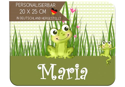 CreaDesign Personalisiertes Kinder Frühstücksbrett mit Namen, 20x25 cm, rutschfestes Schneidebrett aus Kunststoff, Frosch Design, spülmaschinen & mikrowellengeeignet, Schneidbrett für Kinder von CreaDesign