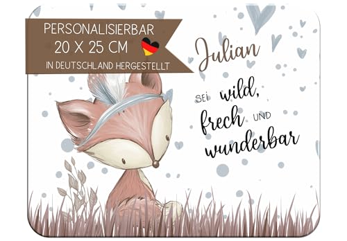 CreaDesign Personalisiertes Kinder Frühstücksbrett mit Namen, 20x25 cm, rutschfestes Schneidebrett aus Kunststoff, Fuchs Leon Design, spülmaschinen & mikrowellengeeignet, Schneidbrett für Kinder von CreaDesign