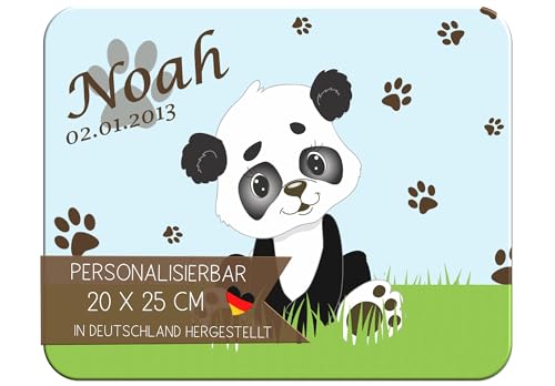 CreaDesign Personalisiertes Kinder Frühstücksbrett mit Namen, 20x25 cm, rutschfestes Schneidebrett aus Kunststoff, Panda Bär Design, spülmaschinen & mikrowellengeeignet, Schneidbrett für Kinder von CreaDesign
